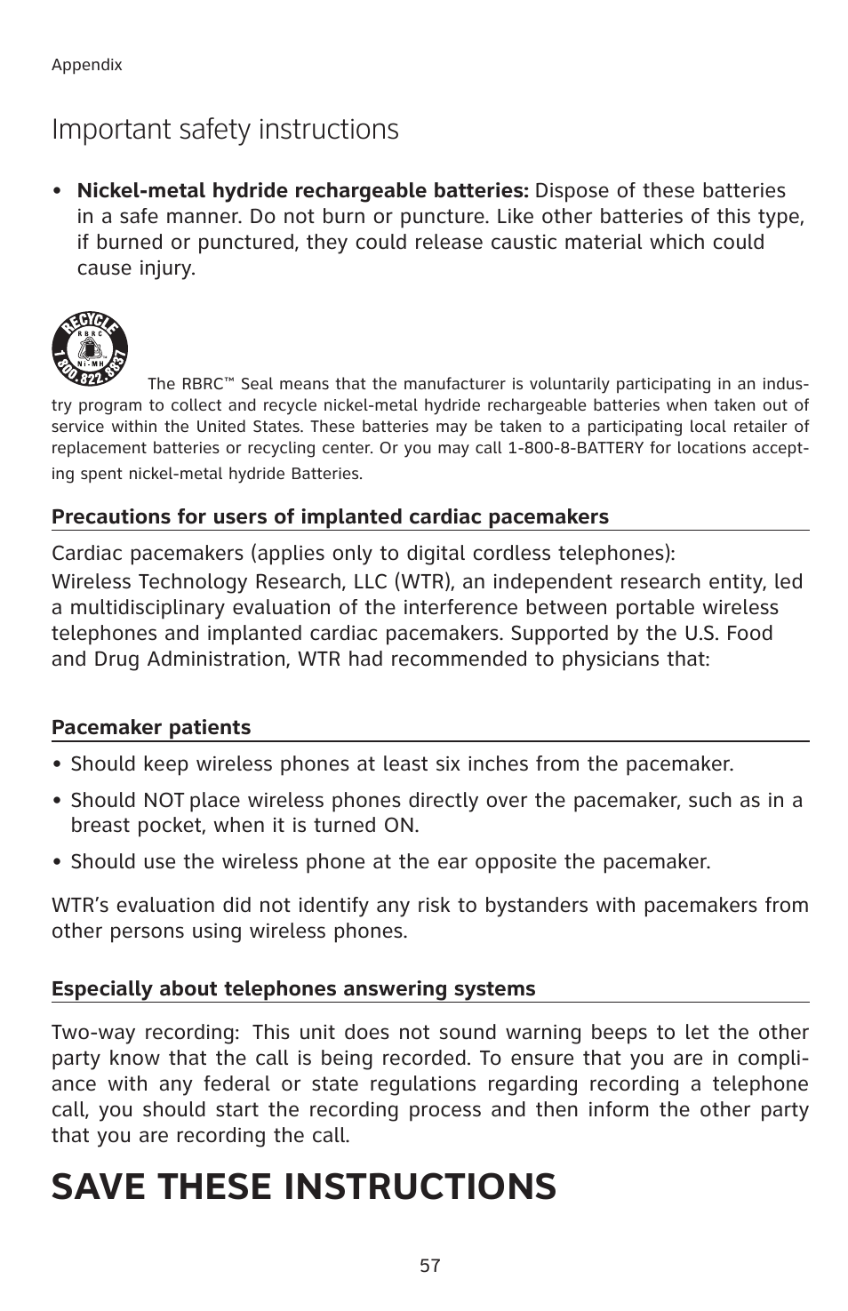 Save these instructions, Important safety instructions | AT&T E2912 User Manual | Page 60 / 71