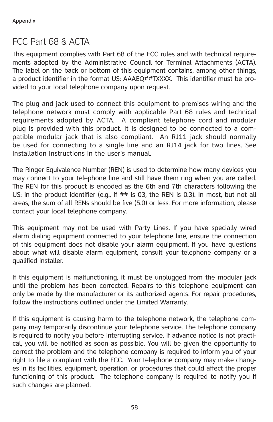 Fcc part 68 & acta | AT&T E2912 User Manual | Page 61 / 71