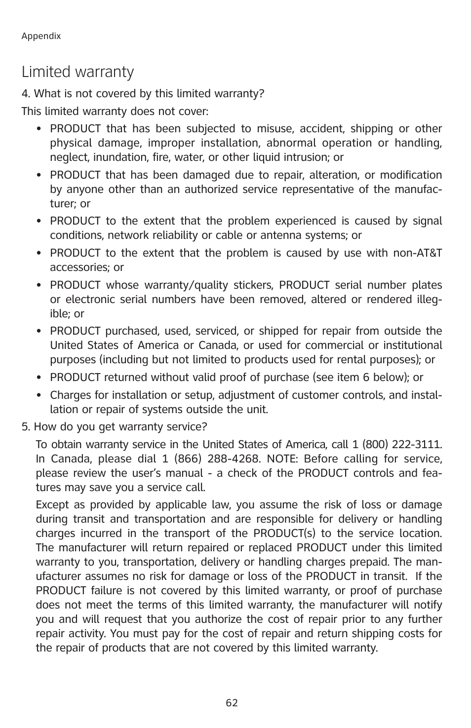 Limited warranty | AT&T E2912 User Manual | Page 65 / 71
