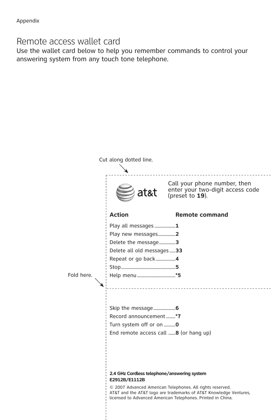 Remote access wallet card | AT&T E2912 User Manual | Page 70 / 71