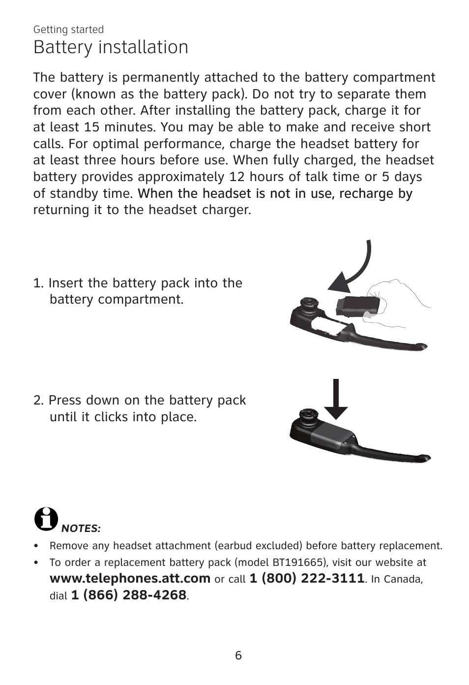 Battery installation | AT&T TL7700 User Manual | Page 10 / 43