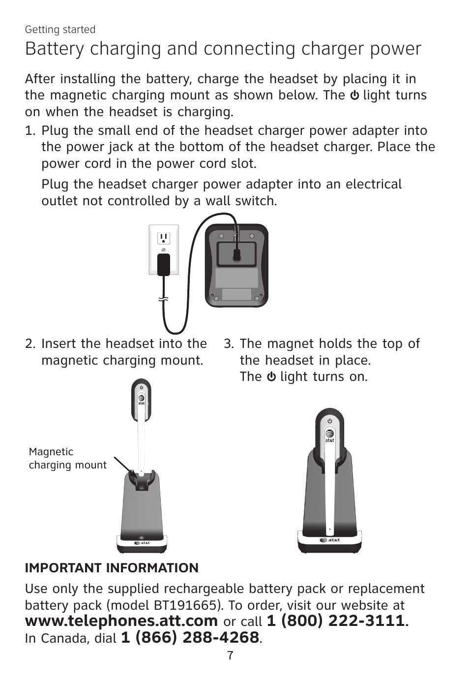 Battery charging and connecting charger power, Battery charging and, Connecting charger power | AT&T TL7700 User Manual | Page 11 / 43