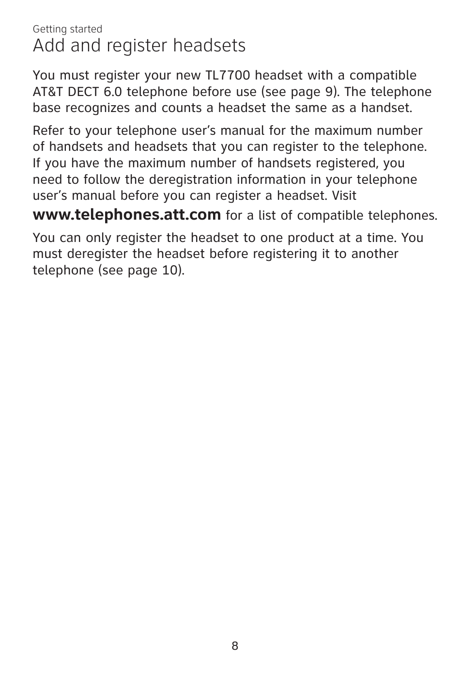 Add and register headsets | AT&T TL7700 User Manual | Page 12 / 43