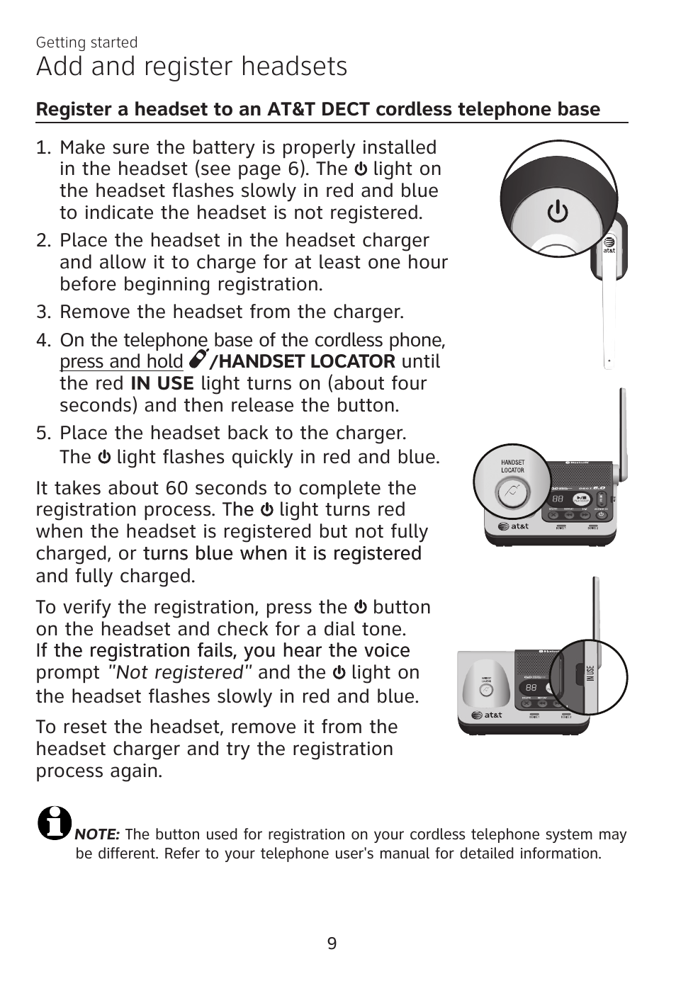 Register a headset to, An at&t dect cordless telephone base, Add and register headsets | AT&T TL7700 User Manual | Page 13 / 43