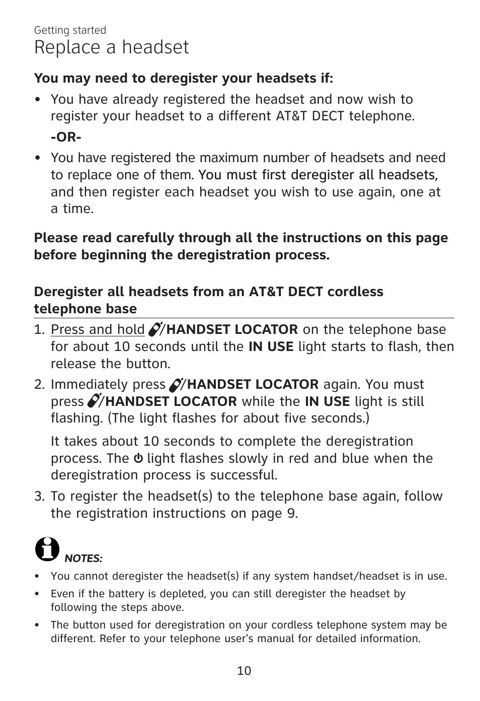 Replace a headset, Deregister all headsets from, An at&t dect cordless telephone base | AT&T TL7700 User Manual | Page 14 / 43