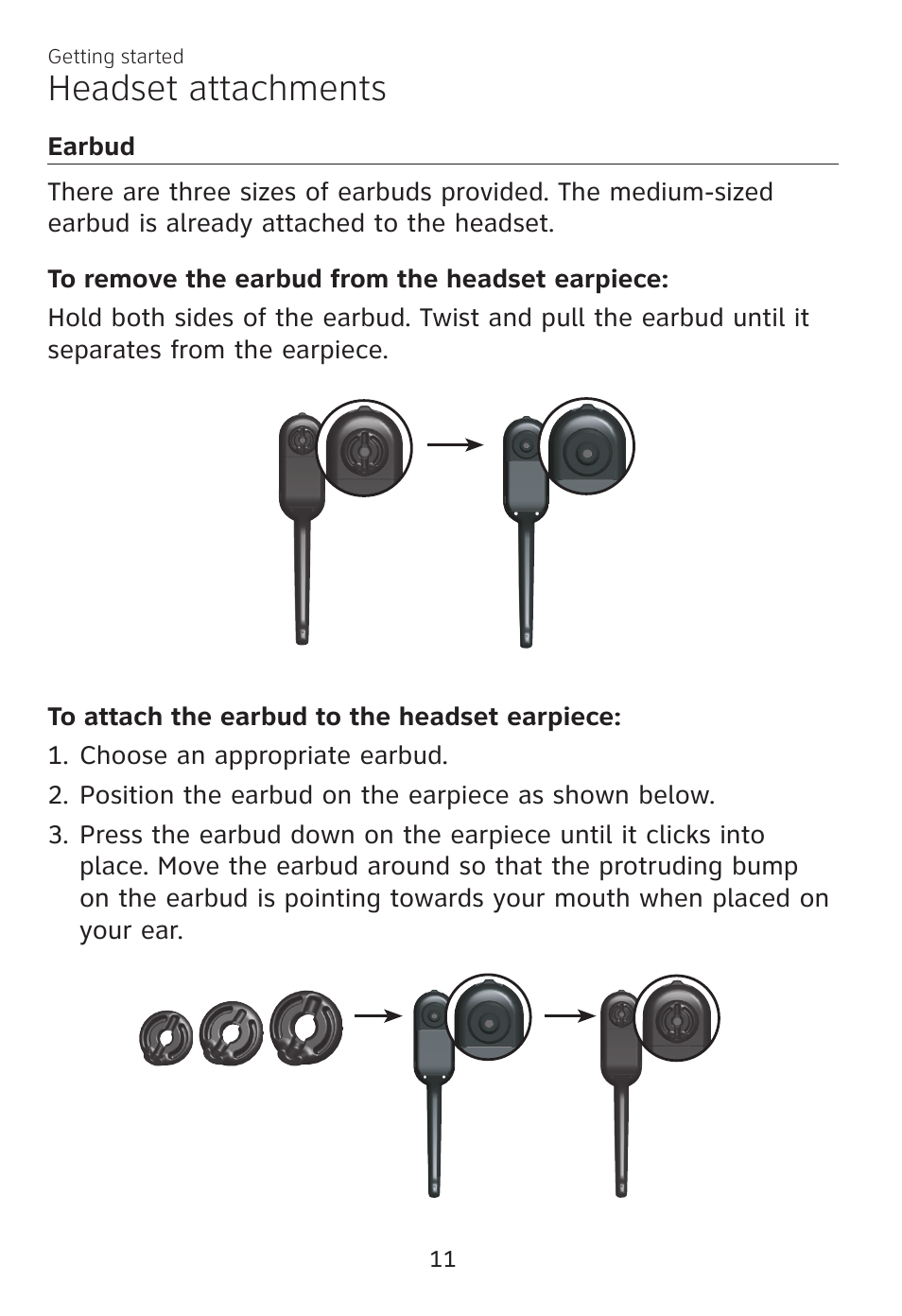 Headset attachments, Earbud | AT&T TL7700 User Manual | Page 15 / 43