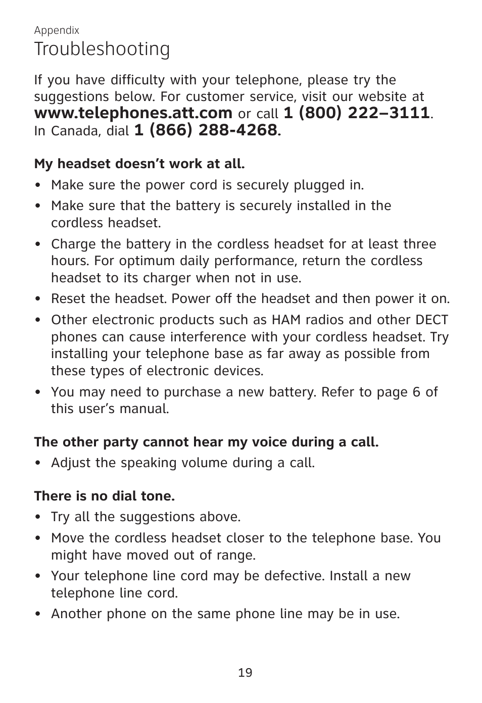 Appendix, Troubleshooting | AT&T TL7700 User Manual | Page 23 / 43