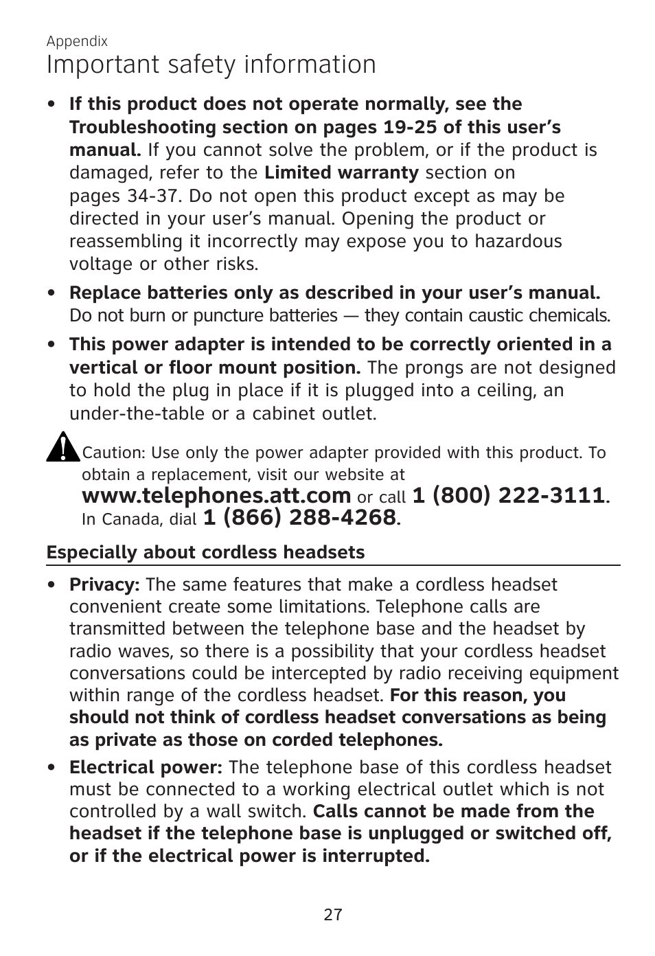 Especially about cordless headsets, Especially about cordless, Headsets | Important safety information | AT&T TL7700 User Manual | Page 31 / 43