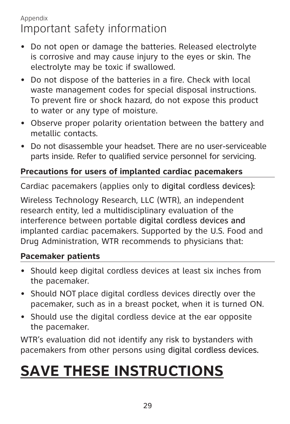 Pacemaker patients, Precautions for users, Of implanted cardiac pacemakers | Save these instructions, Important safety information | AT&T TL7700 User Manual | Page 33 / 43