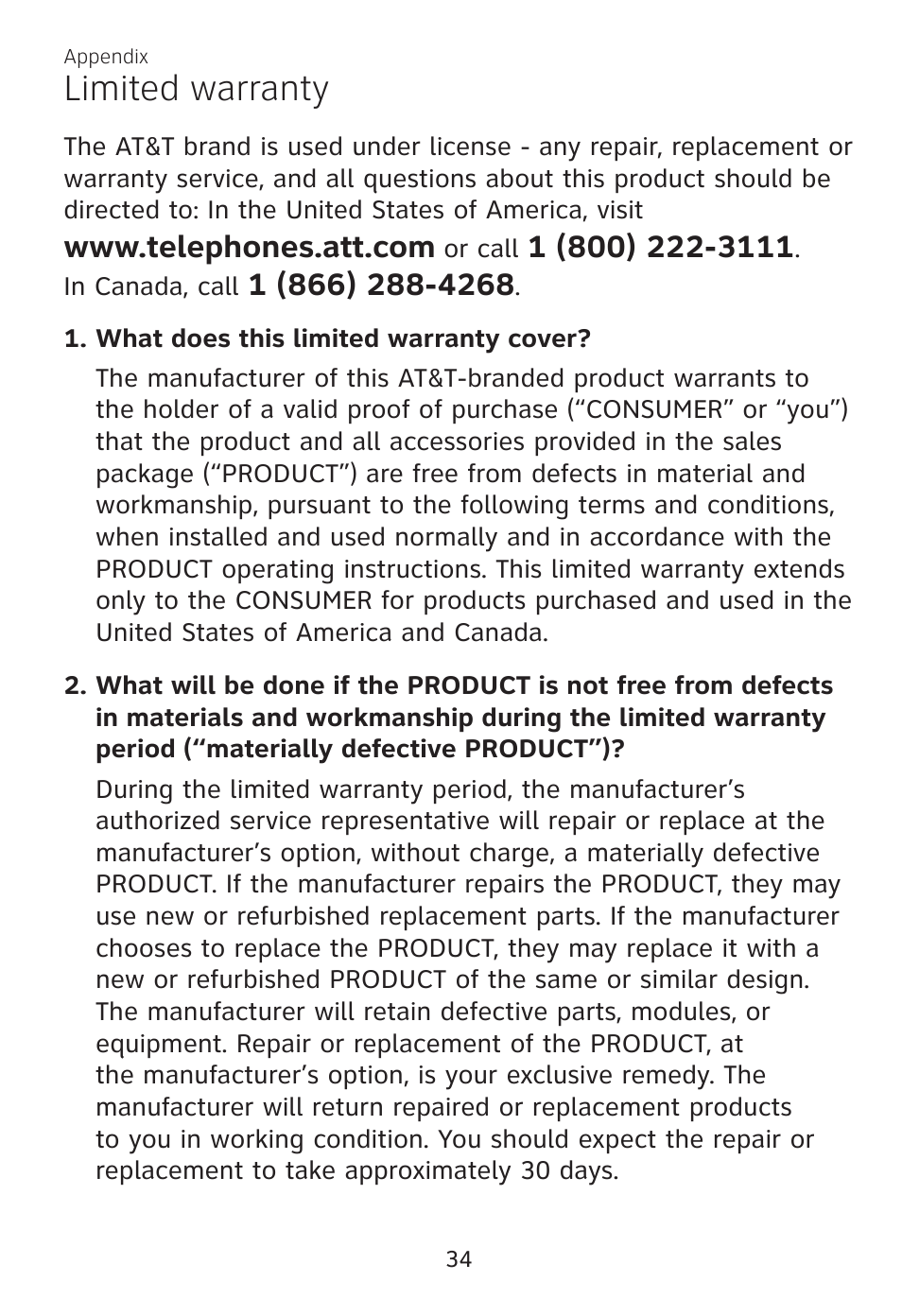 Limited warranty | AT&T TL7700 User Manual | Page 38 / 43