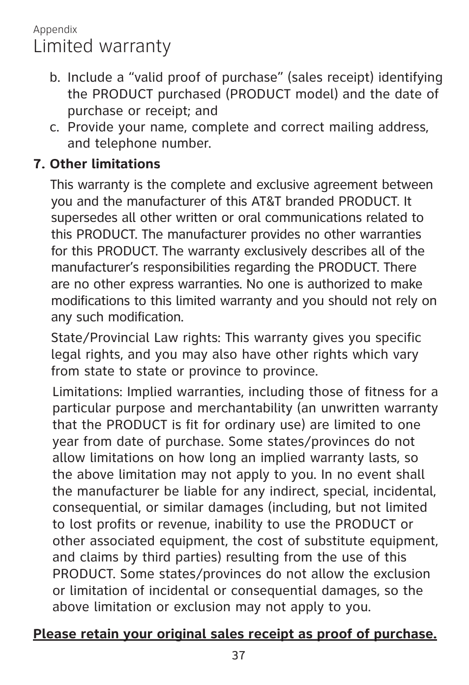 Limited warranty | AT&T TL7700 User Manual | Page 41 / 43