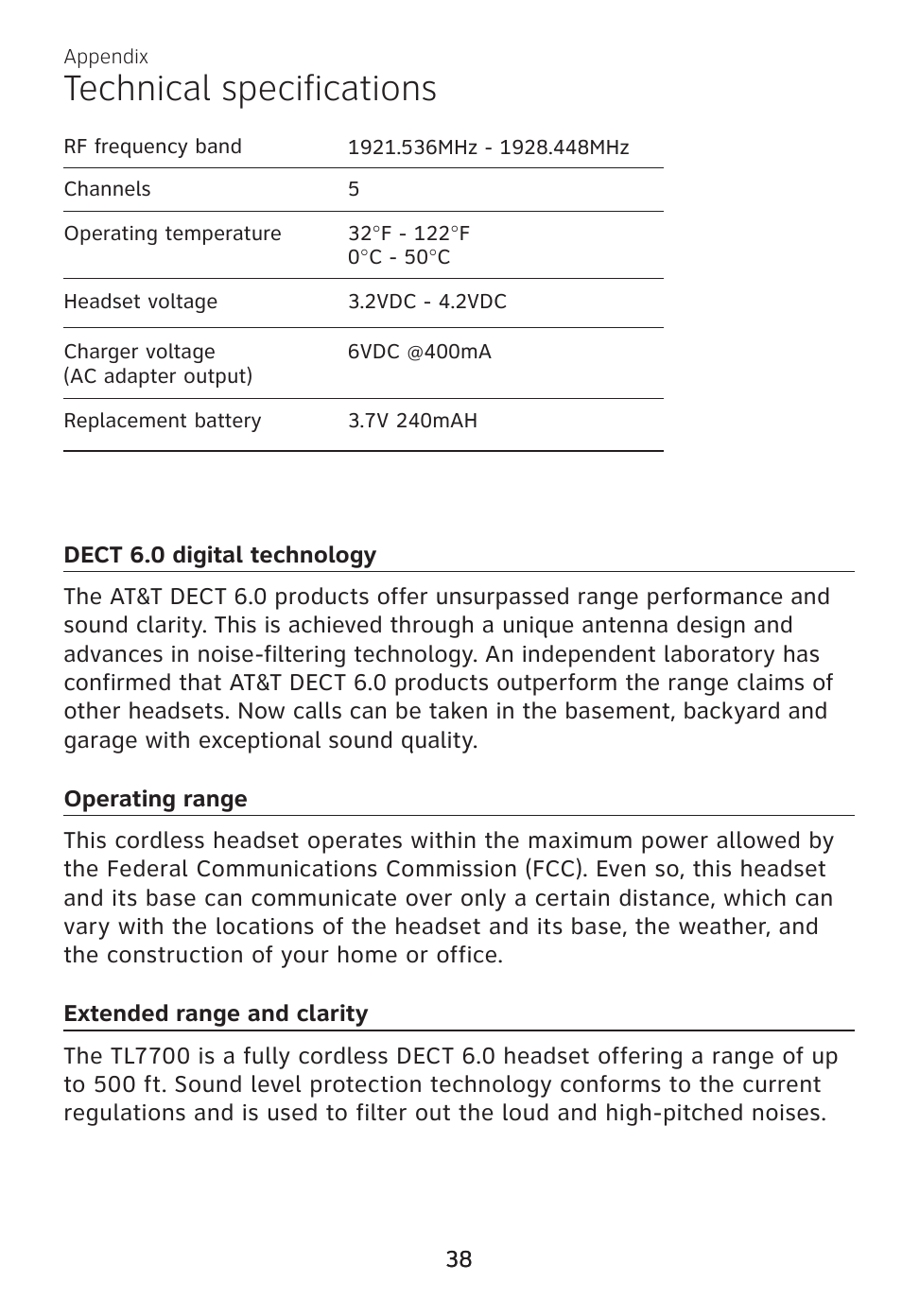 Technical specifications, Dect 6.0 digital technology, Operating range | Extended range and clarity, Dect 6.0 digital, Technology, Operating range extended range, And clarity | AT&T TL7700 User Manual | Page 42 / 43