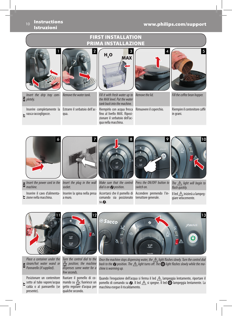 First installation prima installazione | Philips Saeco Xsmall Machine espresso Super Automatique User Manual | Page 10 / 72