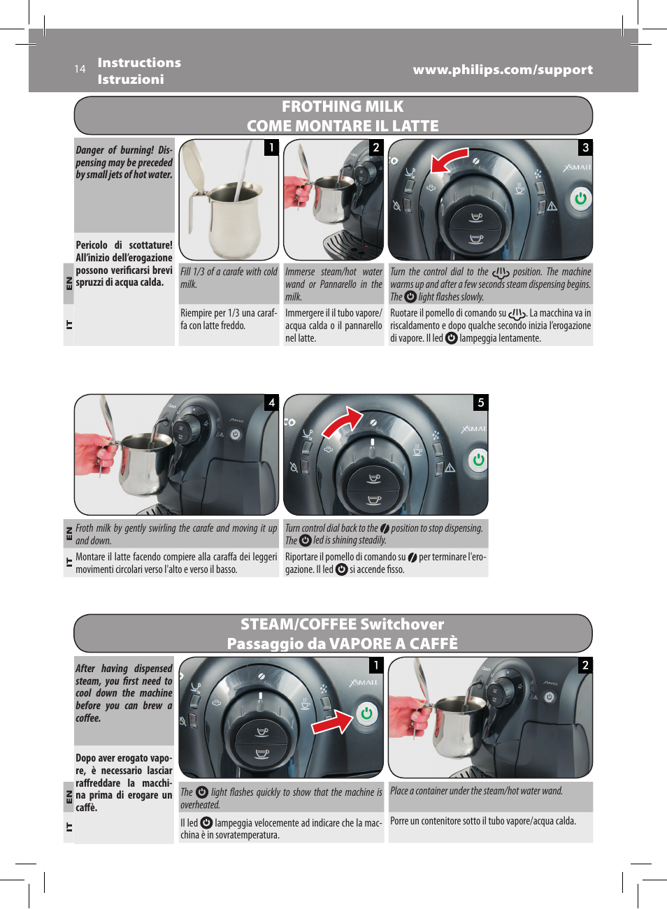 Frothing milk come montare il latte | Philips Saeco Xsmall Machine espresso Super Automatique User Manual | Page 14 / 72