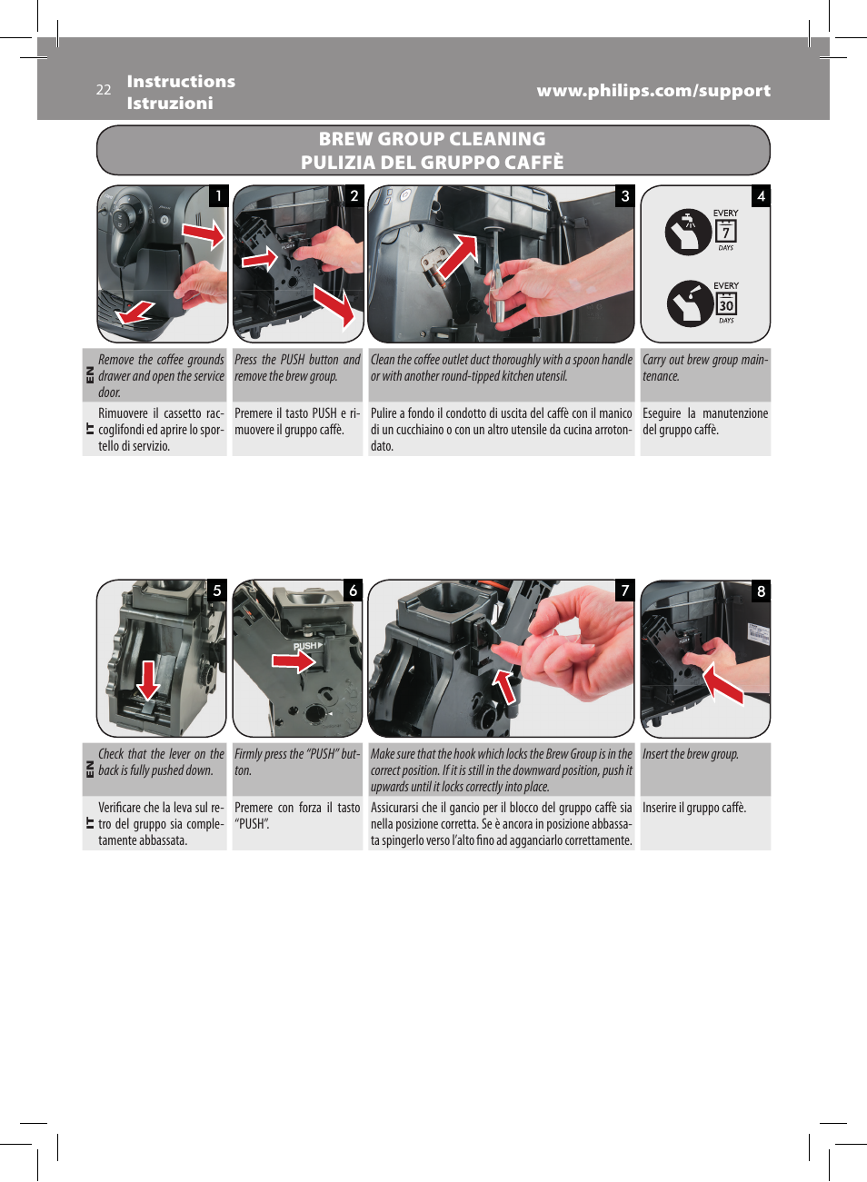 Brew group cleaning pulizia del gruppo caffè | Philips Saeco Xsmall Machine espresso Super Automatique User Manual | Page 22 / 72