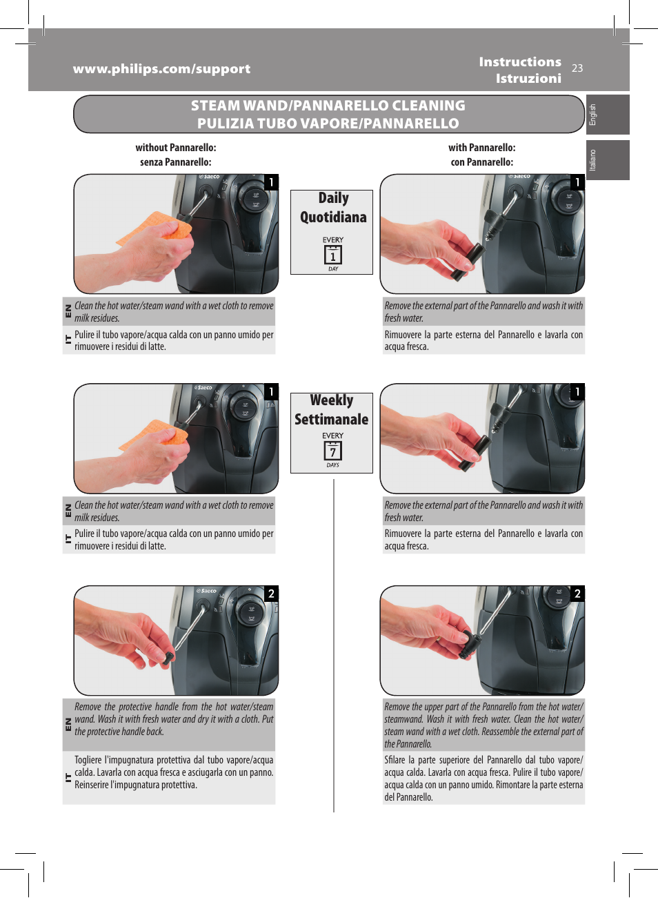 Daily quotidiana, Weekly settimanale | Philips Saeco Xsmall Machine espresso Super Automatique User Manual | Page 23 / 72