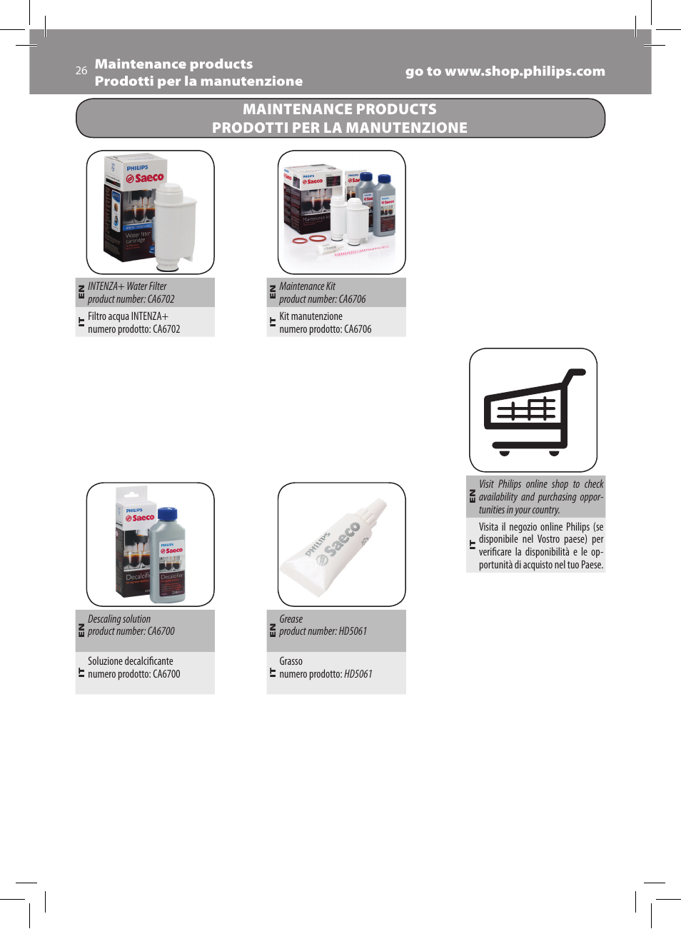 Maintenance products prodotti per la manutenzione | Philips Saeco Xsmall Machine espresso Super Automatique User Manual | Page 26 / 72