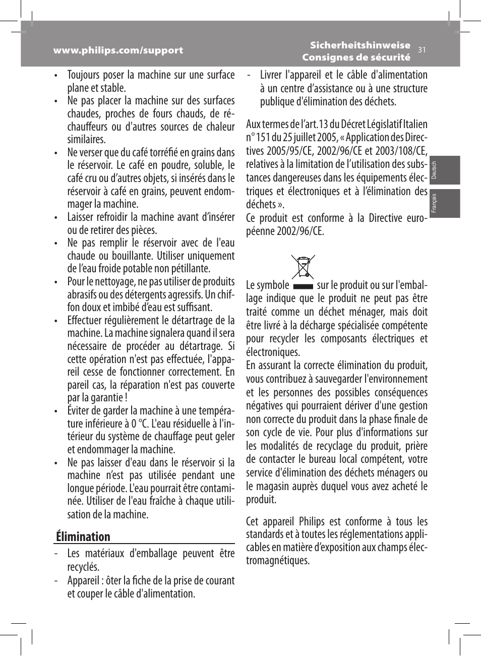 Philips Saeco Xsmall Machine espresso Super Automatique User Manual | Page 31 / 72