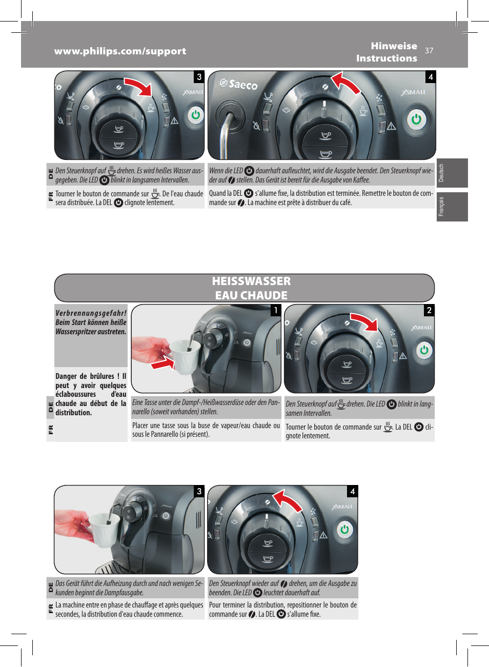 Heisswasser eau chaude | Philips Saeco Xsmall Machine espresso Super Automatique User Manual | Page 37 / 72
