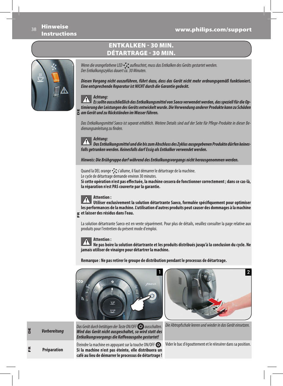 Entkalken - 30 min. détartrage - 30 min | Philips Saeco Xsmall Machine espresso Super Automatique User Manual | Page 38 / 72