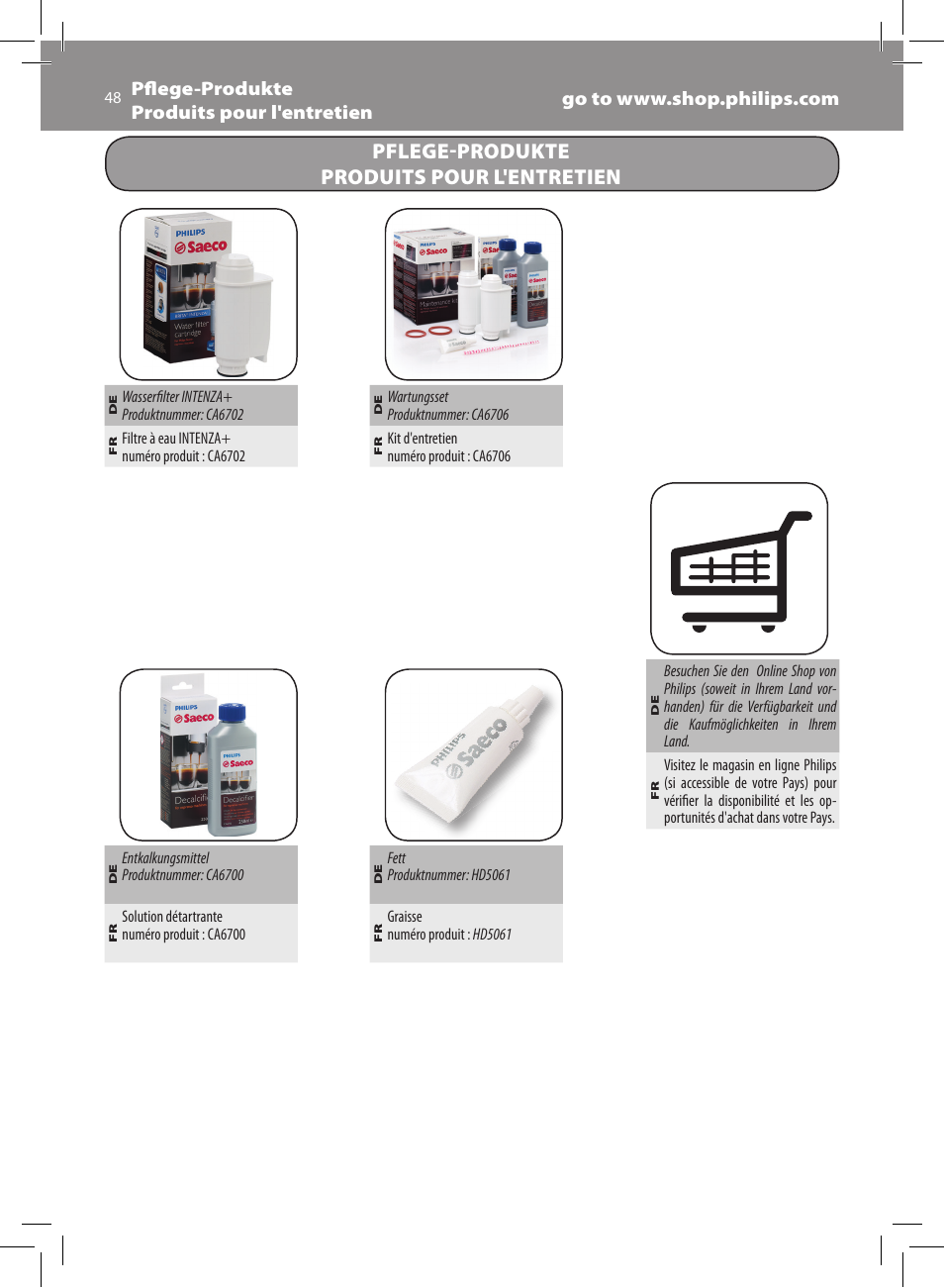 Pflege-produkte produits pour l'entretien | Philips Saeco Xsmall Machine espresso Super Automatique User Manual | Page 48 / 72