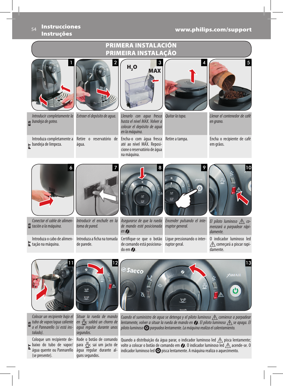 Primera instalación primeira instalação | Philips Saeco Xsmall Machine espresso Super Automatique User Manual | Page 54 / 72