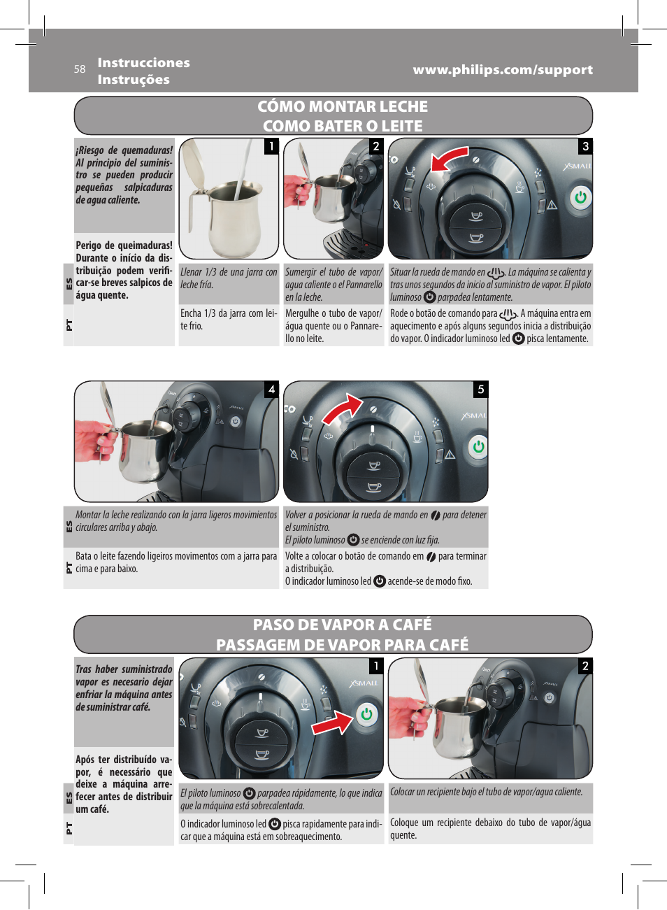 Paso de vapor a café passagem de vapor para café, Cómo montar leche como bater o leite | Philips Saeco Xsmall Machine espresso Super Automatique User Manual | Page 58 / 72