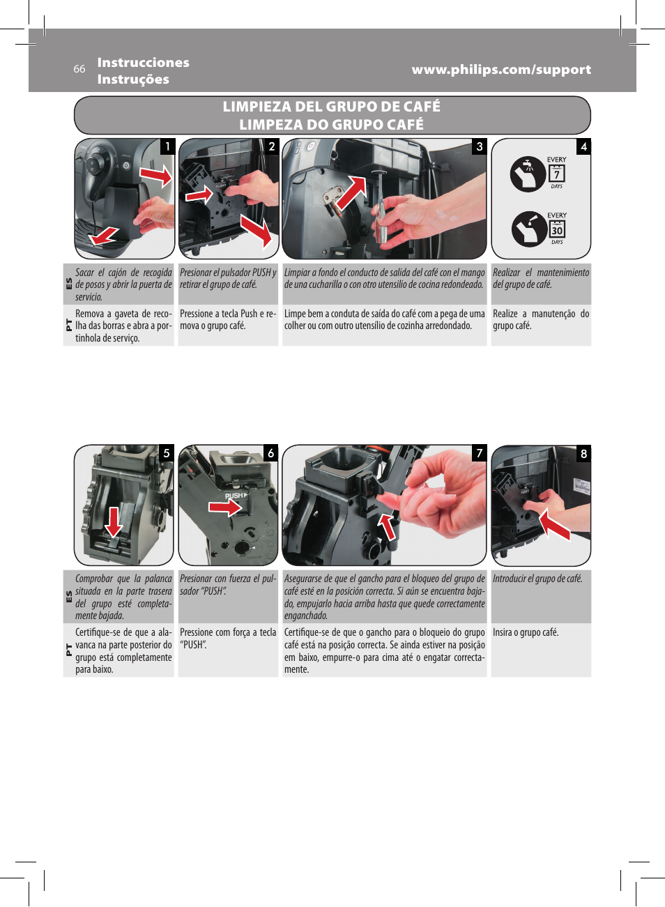 Limpieza del grupo de café limpeza do grupo café | Philips Saeco Xsmall Machine espresso Super Automatique User Manual | Page 66 / 72