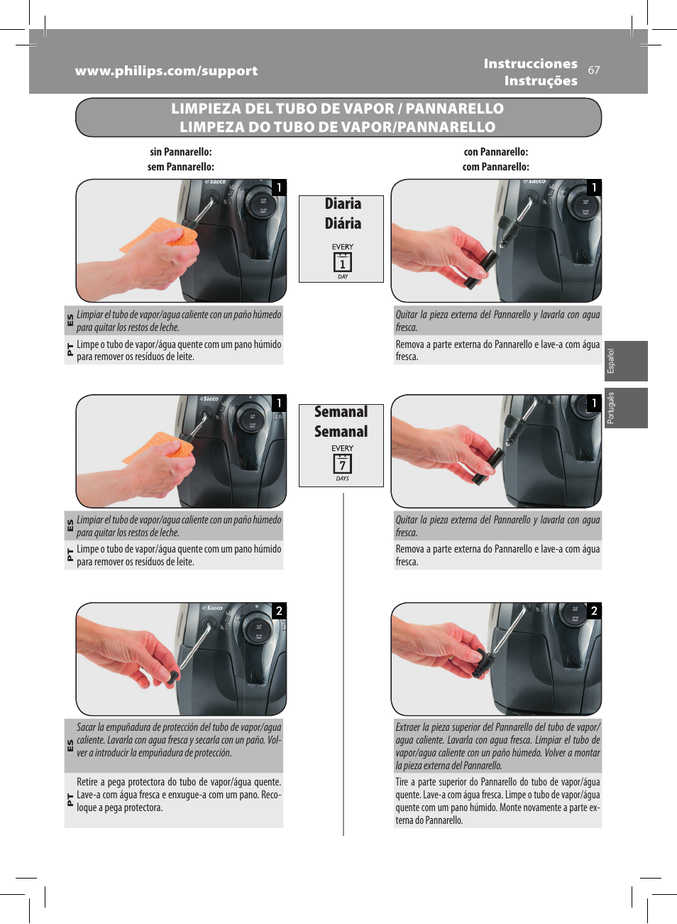 Diaria diária, Semanal | Philips Saeco Xsmall Machine espresso Super Automatique User Manual | Page 67 / 72