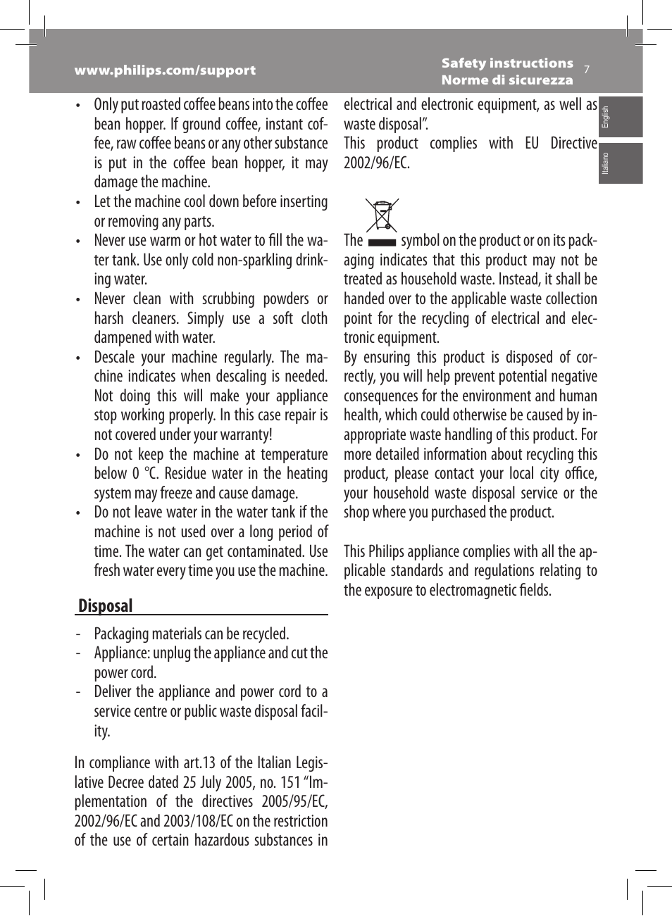 Philips Saeco Xsmall Machine espresso Super Automatique User Manual | Page 7 / 72