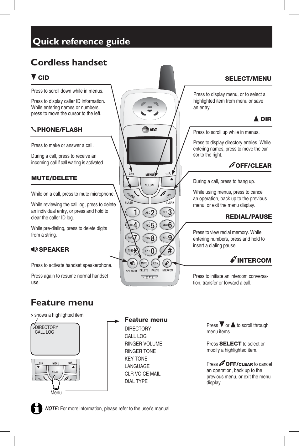 Quick reference guide, Cordless handset feature menu | AT&T E1937B User Manual | Page 3 / 4
