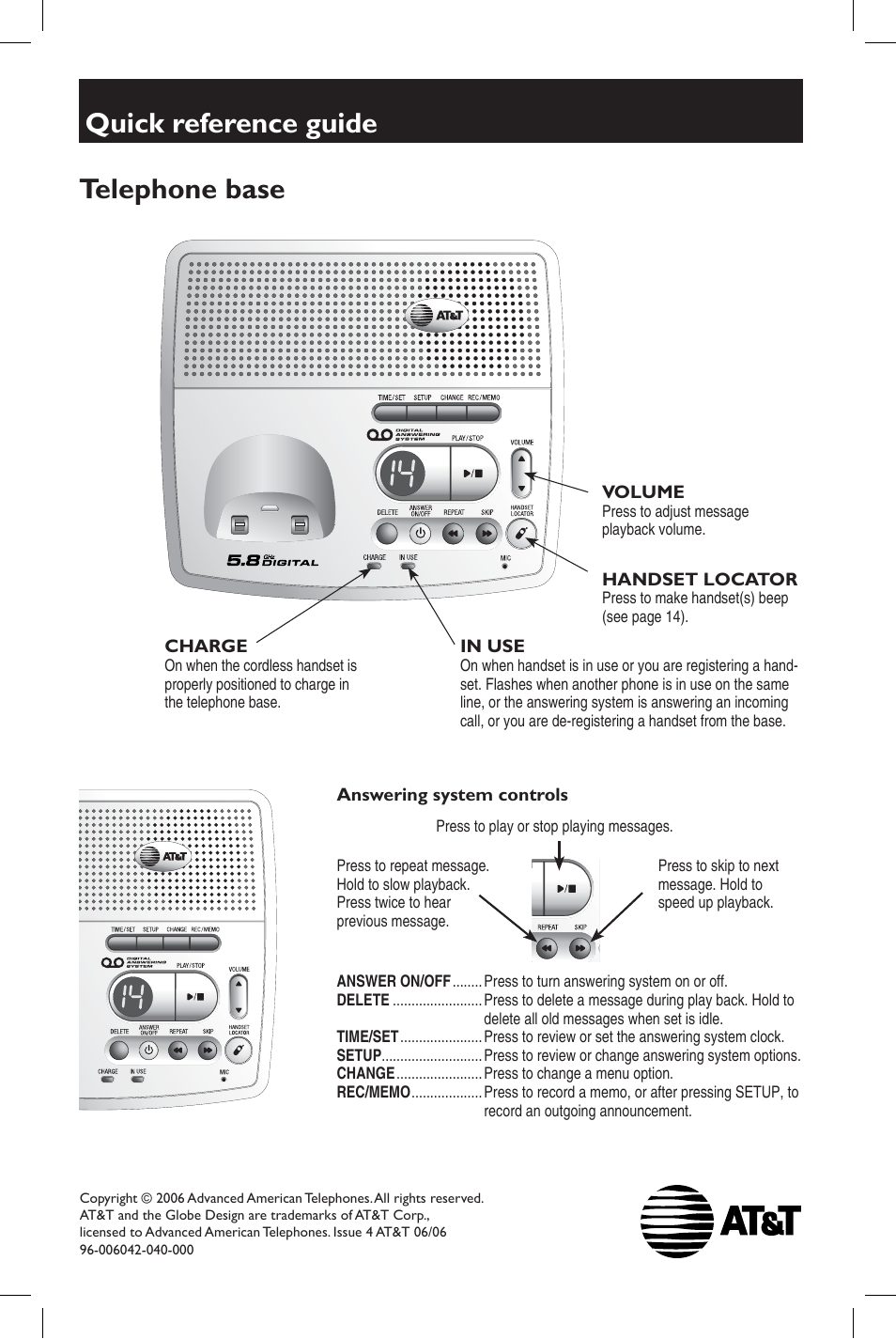 Quick reference guide telephone base | AT&T E1937B User Manual | Page 4 / 4