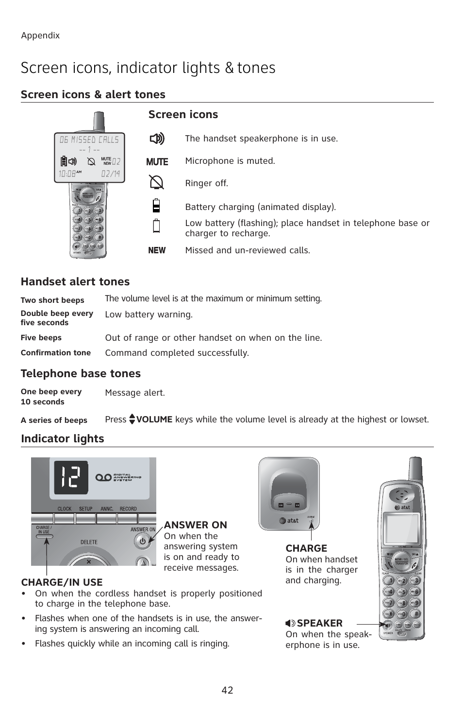 Screen icons, indicator lights & tones, Screen icons & alert tones screen icons, Handset alert tones | Telephone base tones, Indicator lights | AT&T E5812B User Manual | Page 45 / 65
