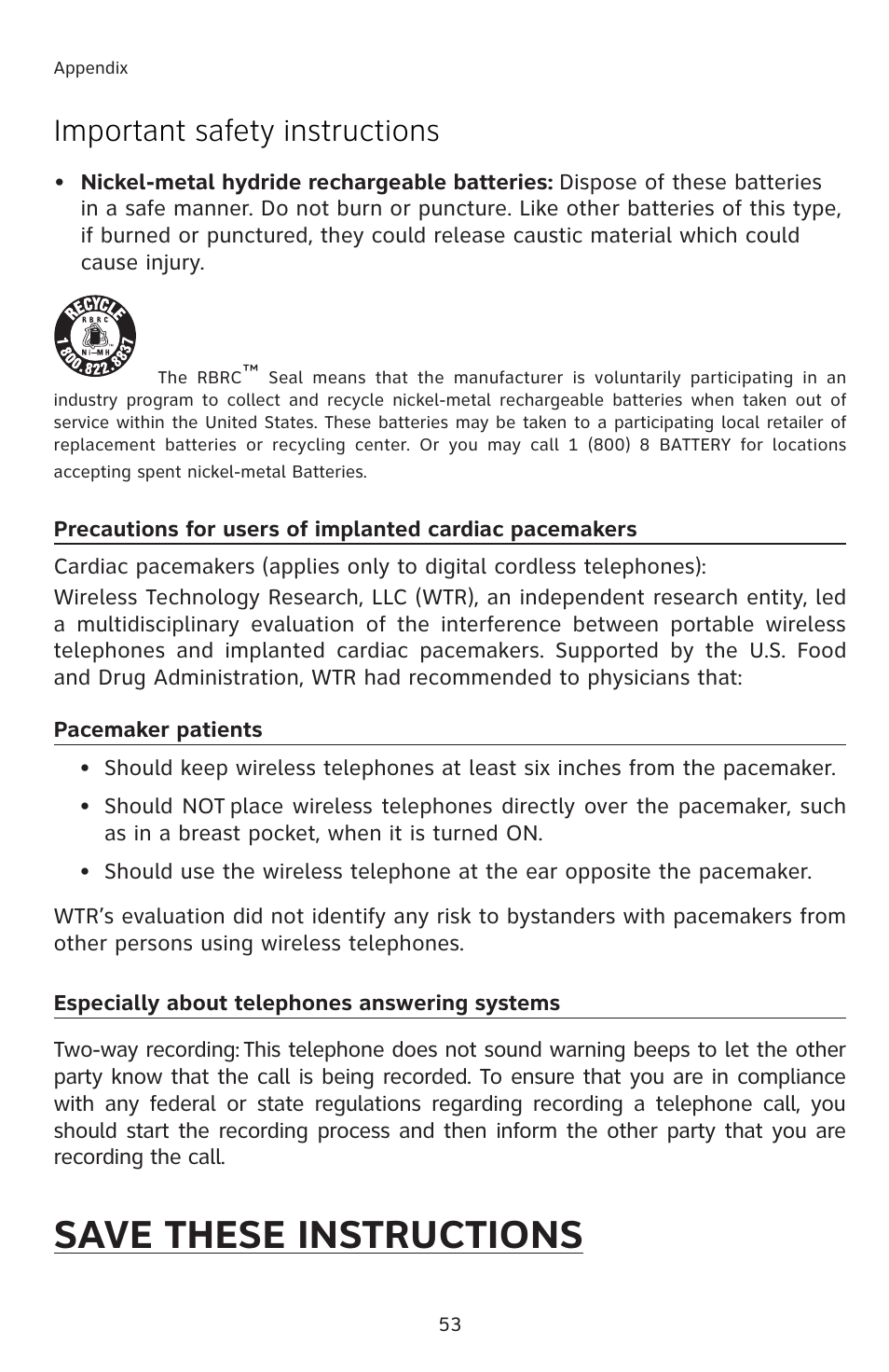 Save these instructions, Important safety instructions | AT&T E5812B User Manual | Page 56 / 65
