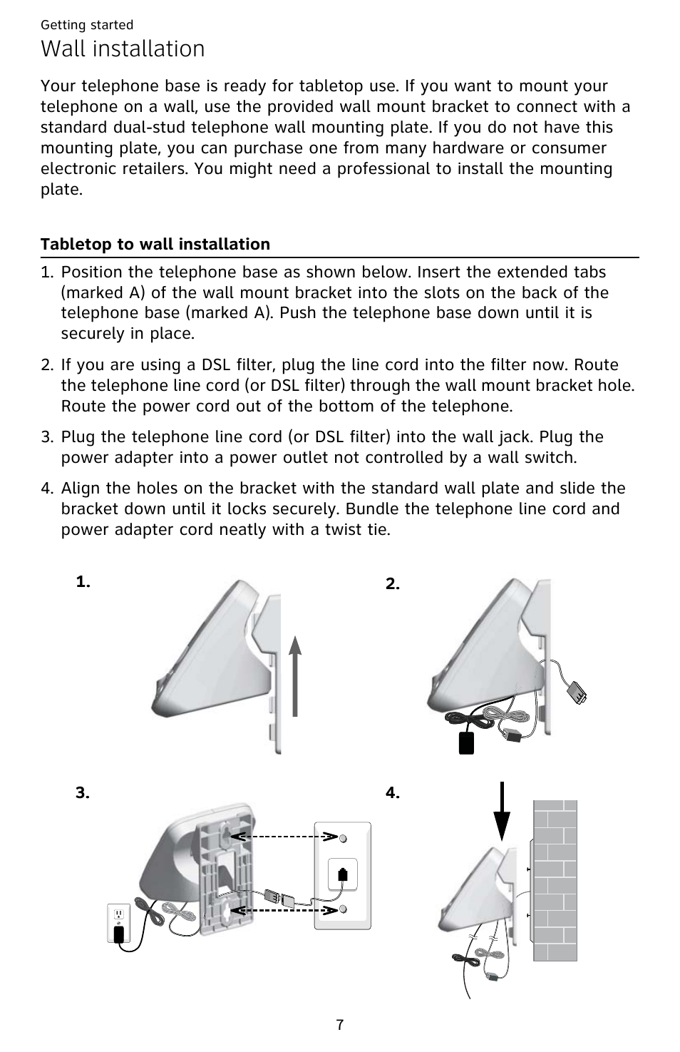 Wall installation, Tabletop to wall installation | AT&T EL52209 User Manual | Page 12 / 73