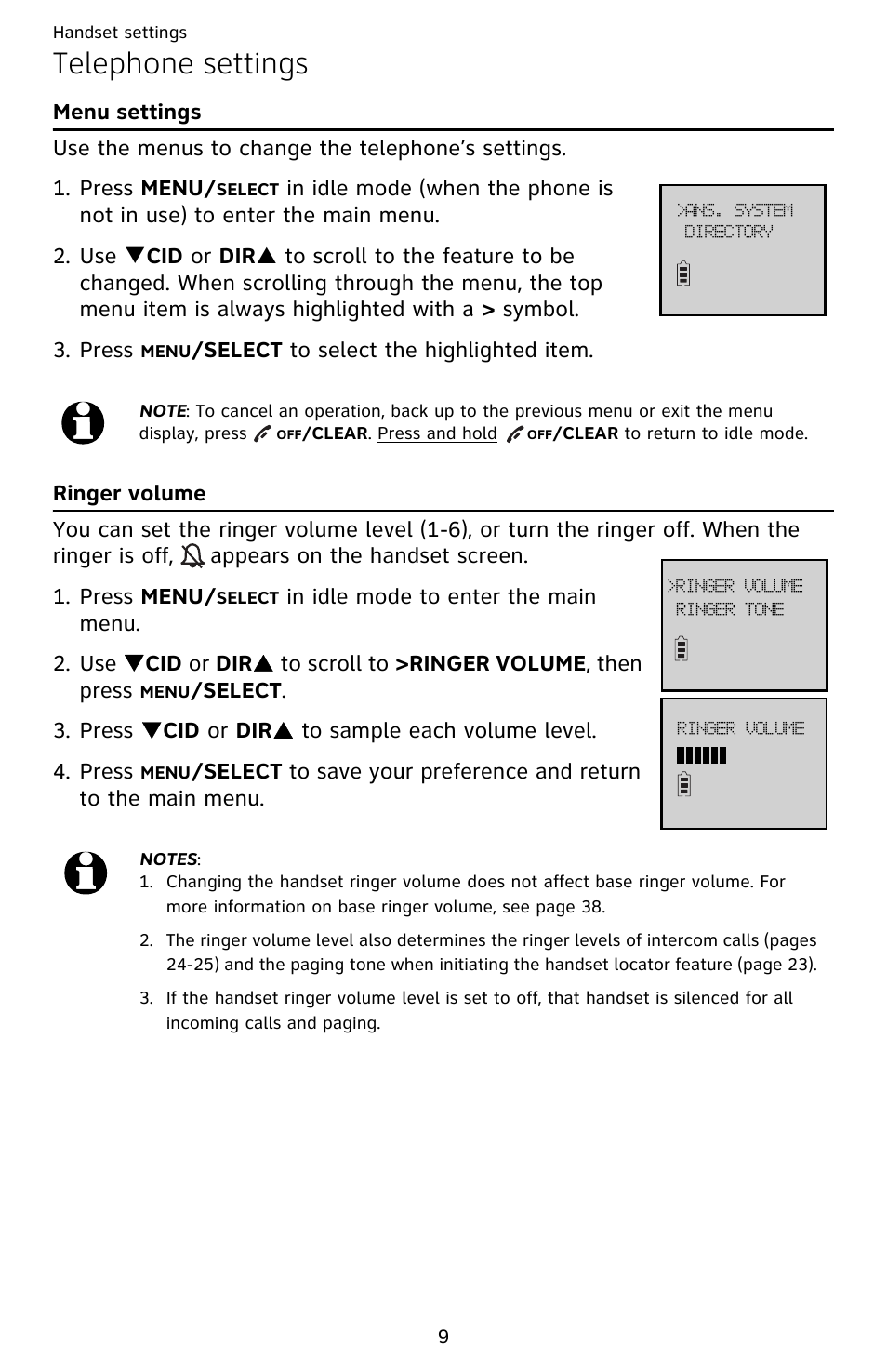 Telephone settings, Menu settings, Ringer volume | Menu settings ringer volume, 9). once in the menu, press to | AT&T EL52209 User Manual | Page 14 / 73