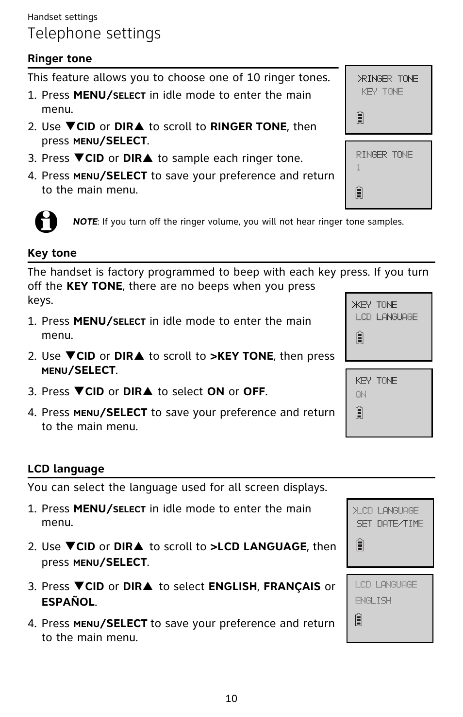 Telephone settings, Ringer tone, Key tone | Lcd language, Ringer tone key tone lcd language | AT&T EL52209 User Manual | Page 15 / 73