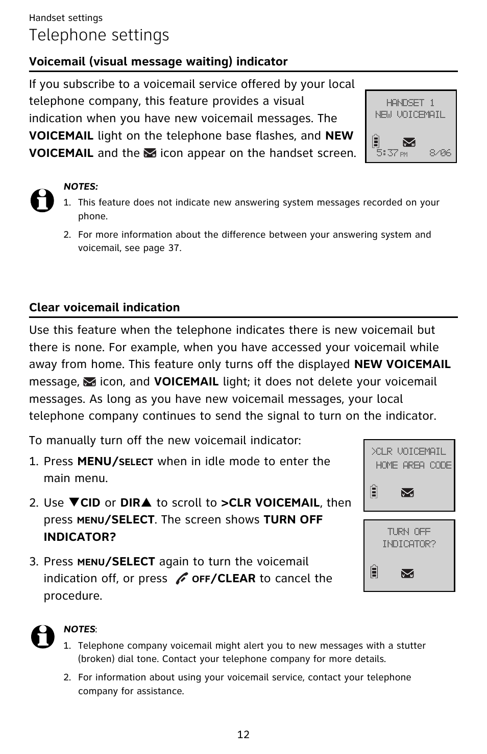 Telephone settings, Voicemail (visual message waiting) indicator, Clear voicemail indication | AT&T EL52209 User Manual | Page 17 / 73
