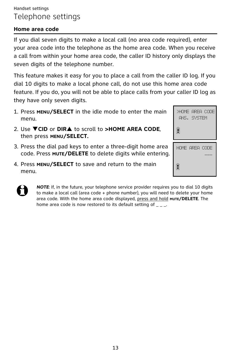 Telephone settings, Home area code | AT&T EL52209 User Manual | Page 18 / 73