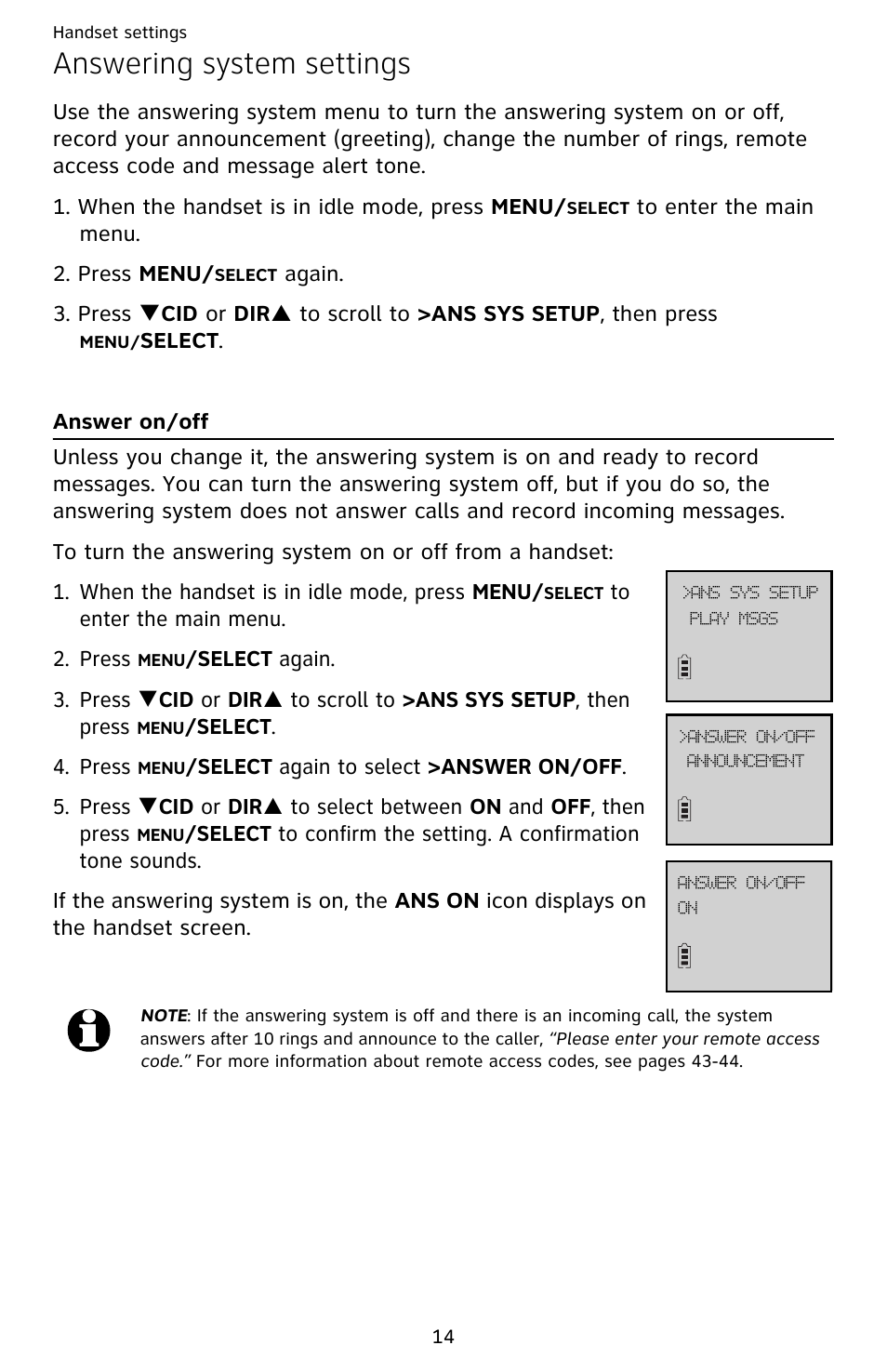 Answering system settings, Answer on/off | AT&T EL52209 User Manual | Page 19 / 73