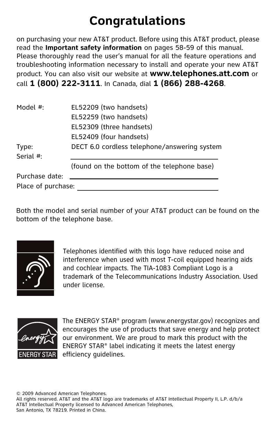 Congratulations | AT&T EL52209 User Manual | Page 2 / 73