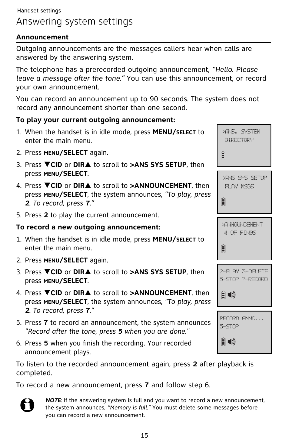 Answering system settings, Announcement | AT&T EL52209 User Manual | Page 20 / 73