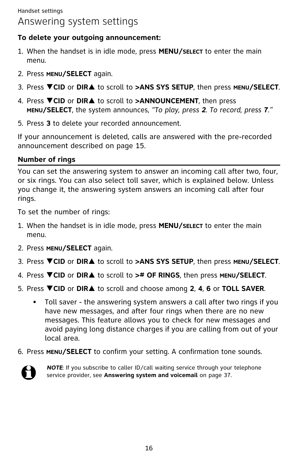 Answering system settings, Number of rings | AT&T EL52209 User Manual | Page 21 / 73