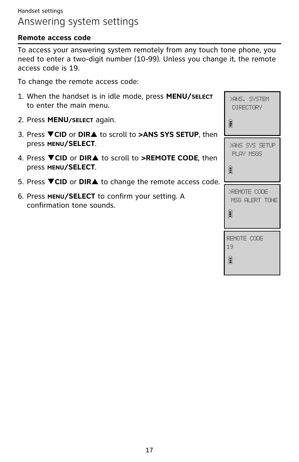 Answering system settings, Remote access code | AT&T EL52209 User Manual | Page 22 / 73