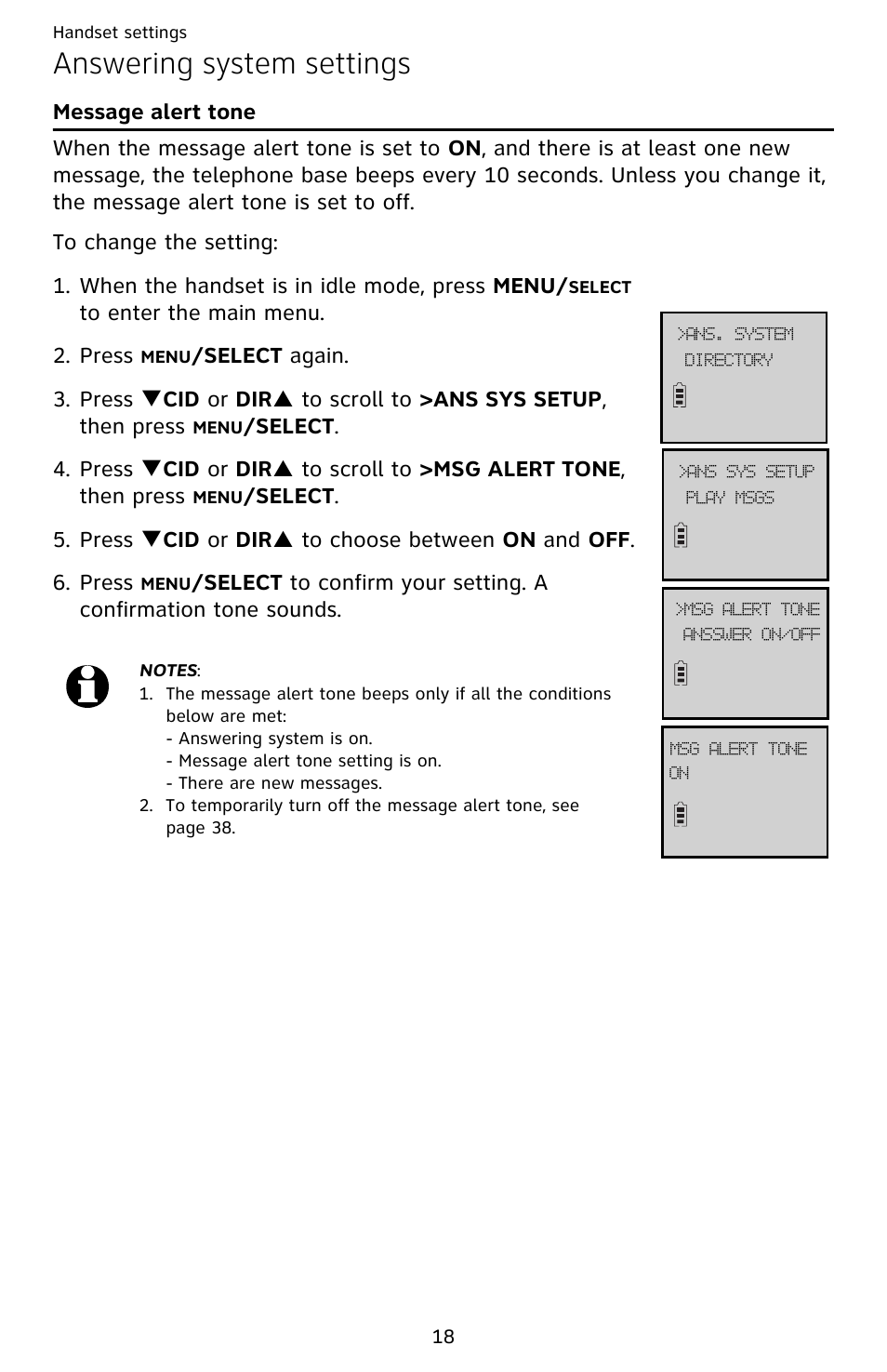 Answering system settings, Message alert tone | AT&T EL52209 User Manual | Page 23 / 73