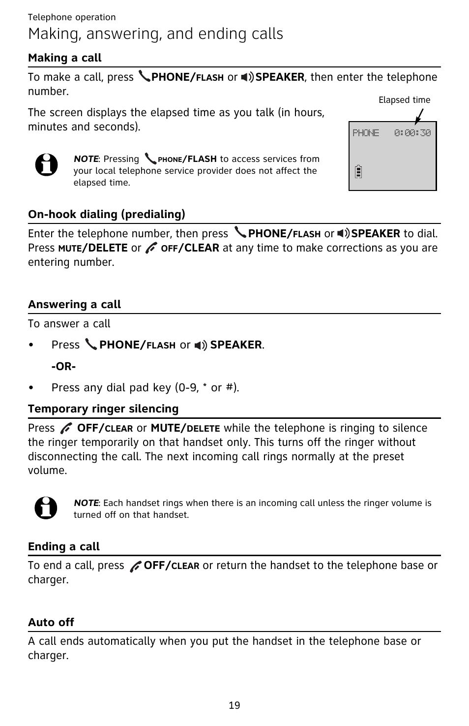 Making, answering, and ending calls, Making a call, On-hook dialing (predialing) | Answering a call, Temporary ringer silencing, Ending a call, Auto off, Ending a call auto off | AT&T EL52209 User Manual | Page 24 / 73