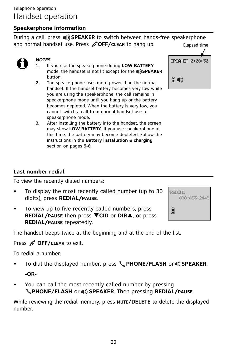 Handset operation, Speakerphone information, Last number redial | AT&T EL52209 User Manual | Page 25 / 73