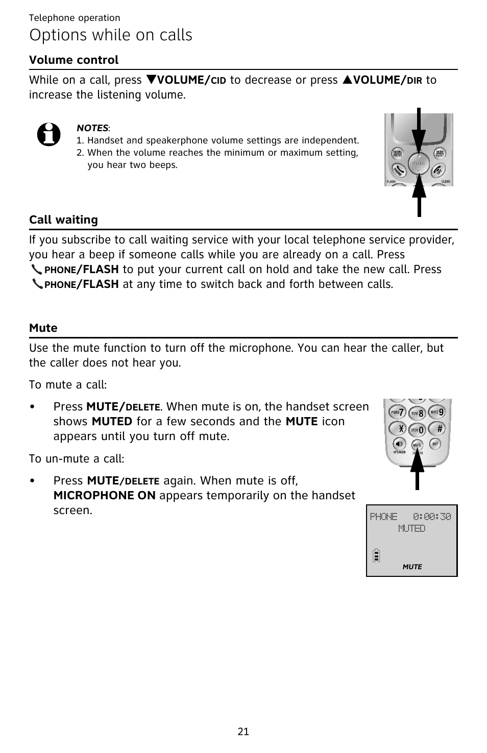 Options while on calls, Volume control, Call waiting | Mute, Volume control call waiting mute | AT&T EL52209 User Manual | Page 26 / 73
