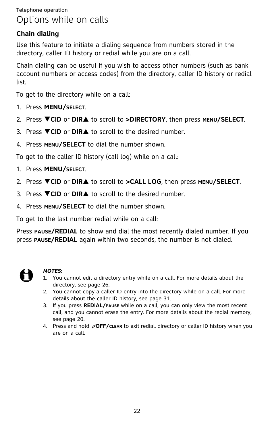 Options while on calls, Chain dialing | AT&T EL52209 User Manual | Page 27 / 73