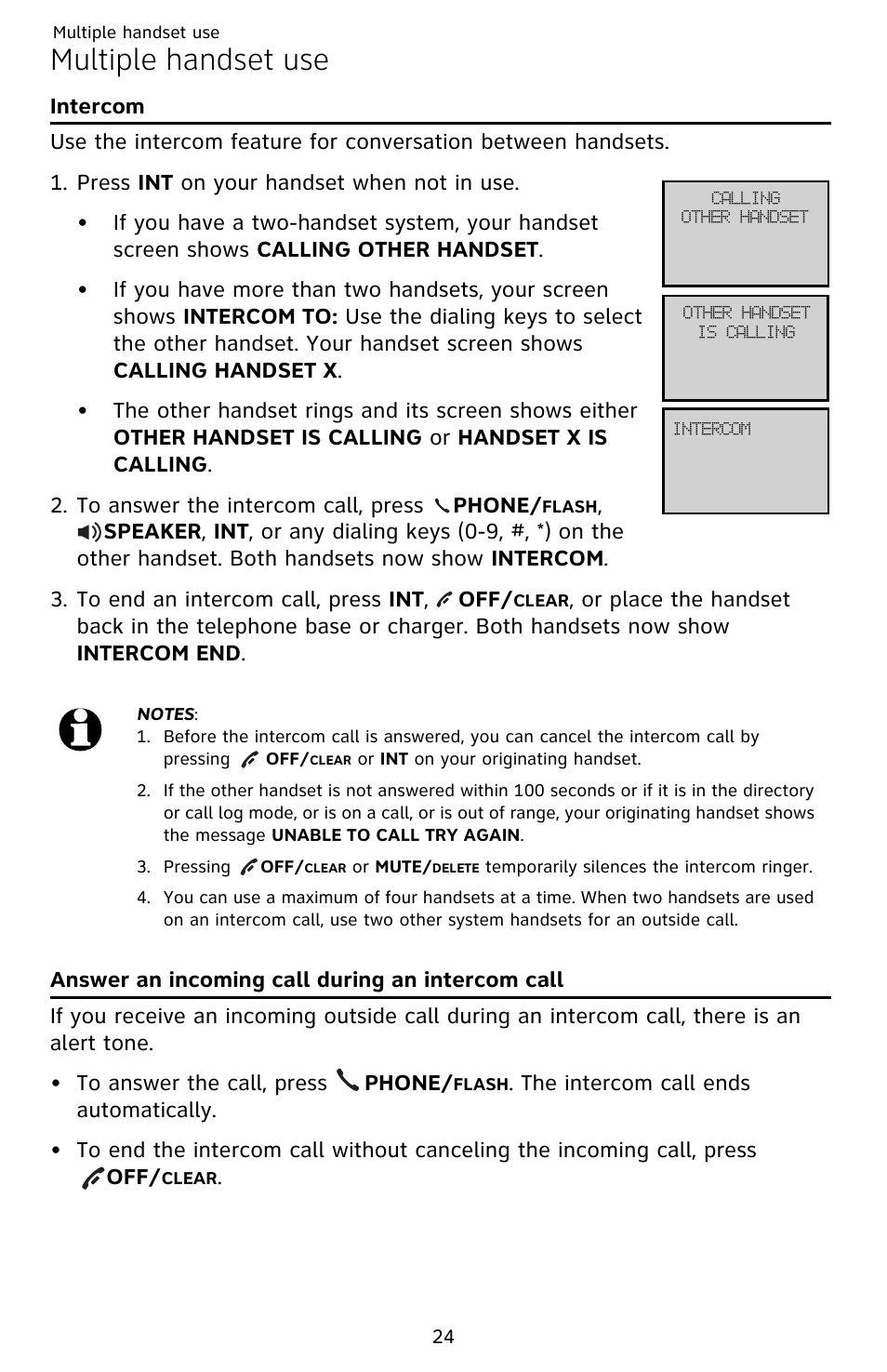 Multiple handset use, Intercom, Answer an incoming call during an intercom call | AT&T EL52209 User Manual | Page 29 / 73